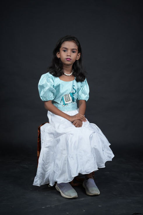 Girls Crop Top and Skirt Set Blue Chanderi Silk