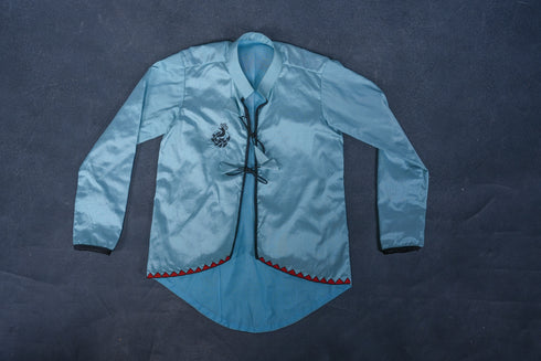 Unisex Shirt Blue Chanderi Silk - Madhubani Fish Embroidery