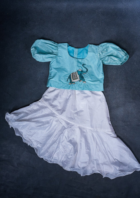 Girls Crop Top and Skirt Set Blue Chanderi Silk