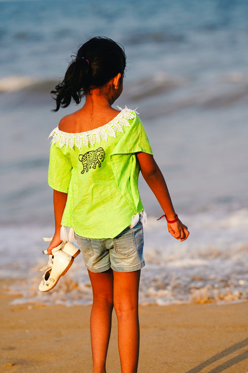 Kids Girls Tops 100% Linen with Lace and Tassels - Block Printed