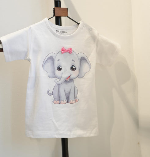 Elephant Print Baby T-Shirt with Bow – 100% Cotton Soft Tee for Baby Girls (6-24 Months)