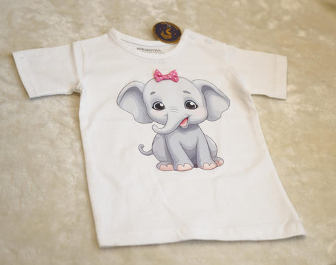 Elephant Print Baby T-Shirt with Bow – 100% Cotton Soft Tee for Baby Girls (6-24 Months)