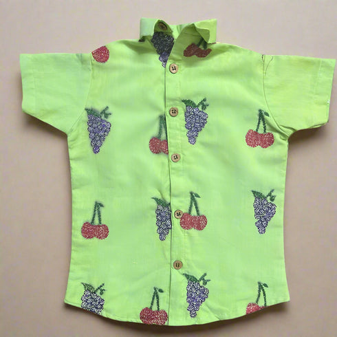 Handmade Kantha Embroidery Green Shirt for Boys (2-7 Years) | Premium Handloom Cotton