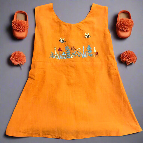 Girl wearing pure cotton Kantha embroidered frock – age 2 years