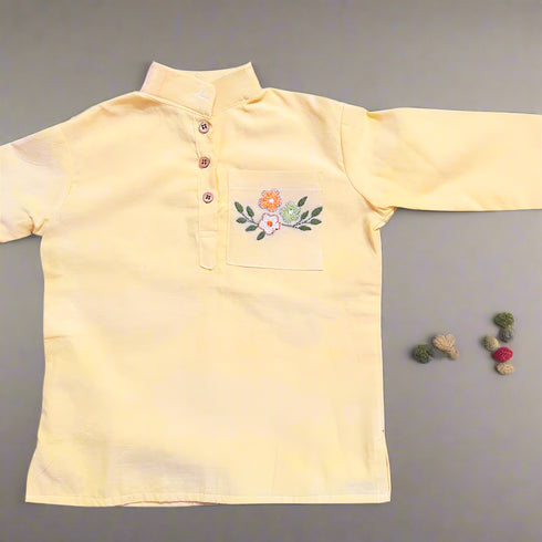 Handmade Kantha Embroidery Yellow Short Kurta for Boys (2-7 Years) | Premium Handloom Cotton