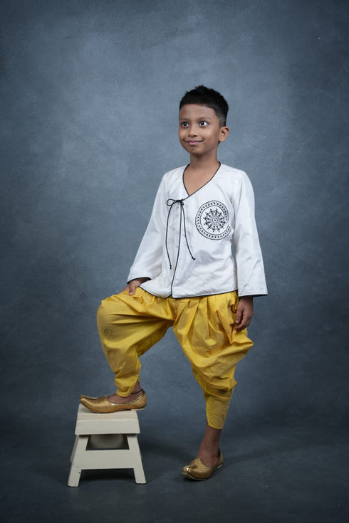 Boys Dhoti Kurta Set Yellow Chanderi Silk -Warli Print