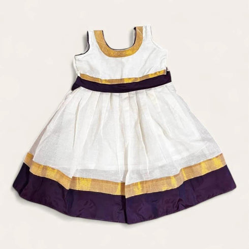 Set mundu style frock for toddler girl – white and gold cotton dress