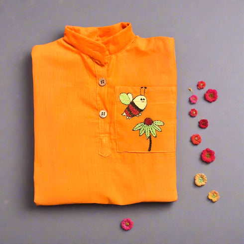 Handmade Kantha Embroidery Orange Short Kurta for Boys (2-7 Years) | Premium Handloom Cotton