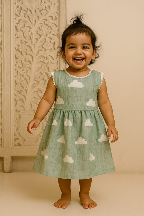 Girl wearing handmade block printed silk cotton frock in traditional Indian design (age 2-6 years)