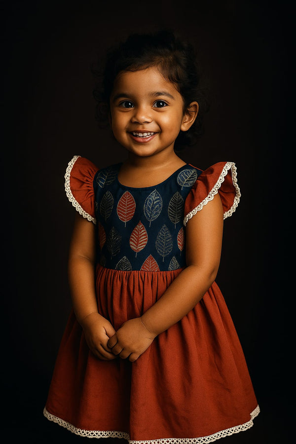 Ajrakh cotton frock with lace detail for girl aged 2 to 10 years