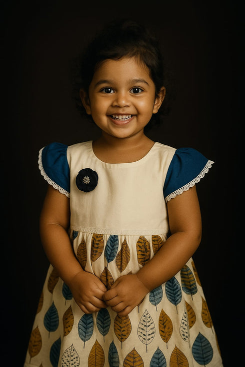 Ajrakh cotton frock with lace detail for girl aged 2 to 8 years