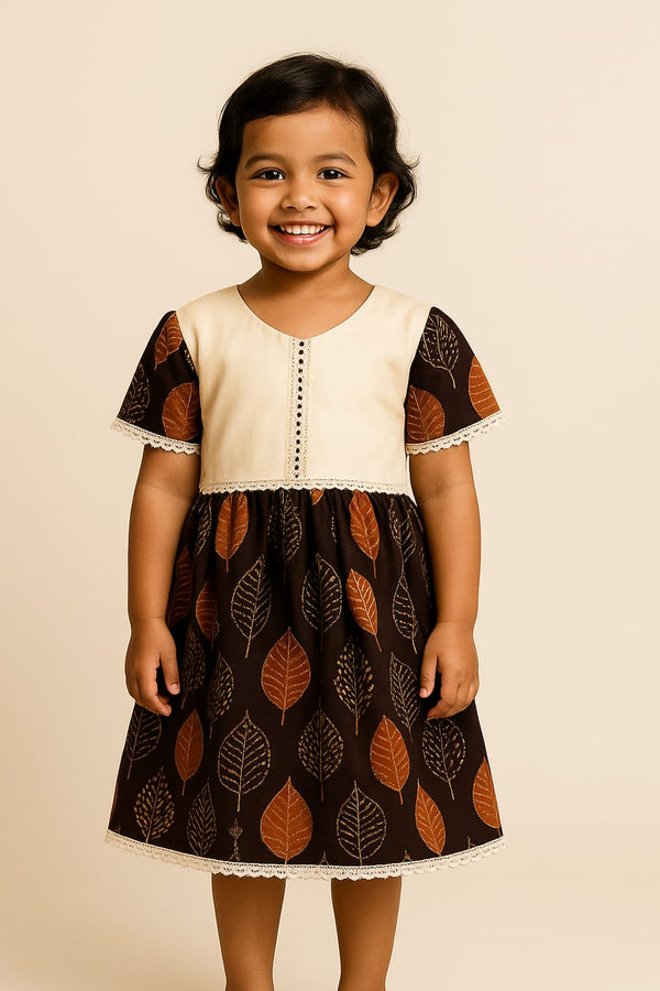 Traditional Ajrakh frock with soft cotton and lace border