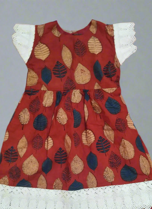 Ajrakh cotton frock with lace detail for girl aged 2 to 10 years