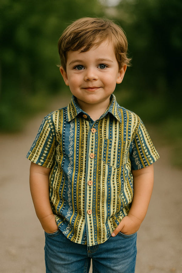 Half sleeve boys Ajrakh shirt – handmade with natural dyes