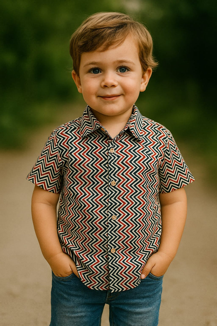 Boy wearing Ajrakh cotton shirt with handblock print – half sleeve