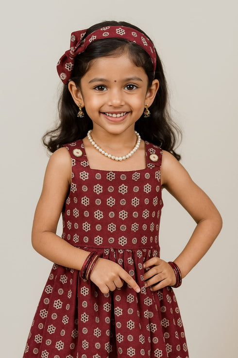 Ajrakh cotton frock with lace detail for girl aged 2 to 10 years