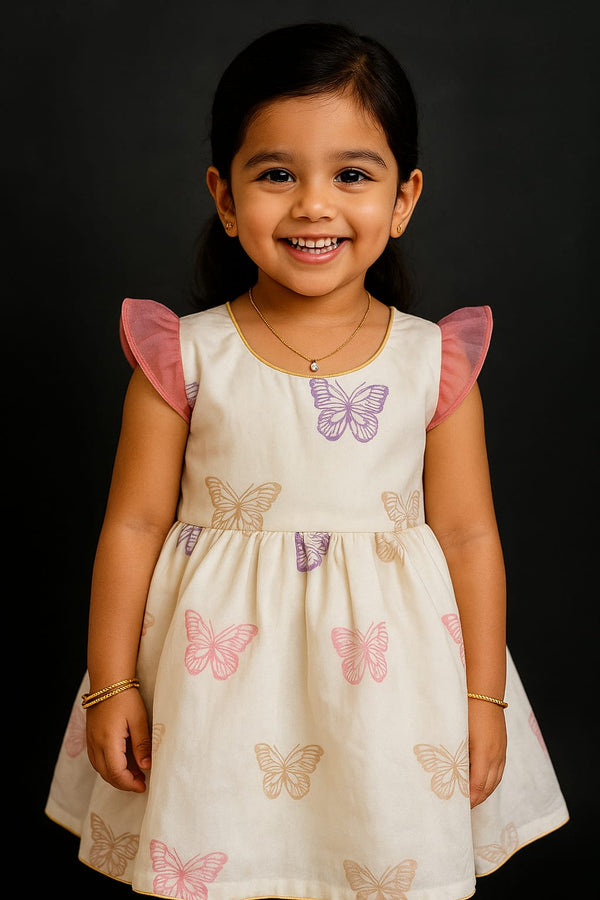 Girl wearing handmade block printed silk cotton frock in traditional Indian design (age 2-12 years)