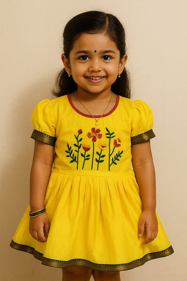 Kantha Embroidery Silk Cotton Frock for Girls | Floral Design Dress (2–6 Yrs)