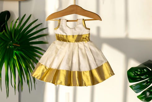 Set mundu style frock for toddler girl – white and gold cotton dress