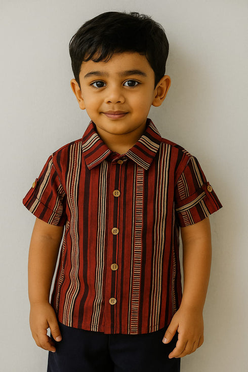 Half sleeve boys Ajrakh shirt – handmade with natural dyes