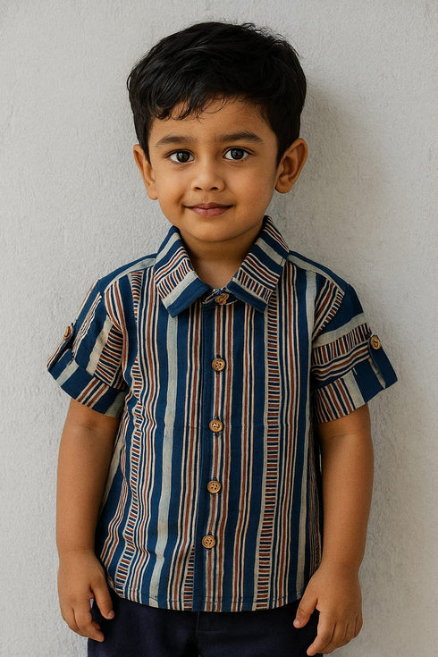 Half sleeve boys Ajrakh shirt – handmade with natural dyes