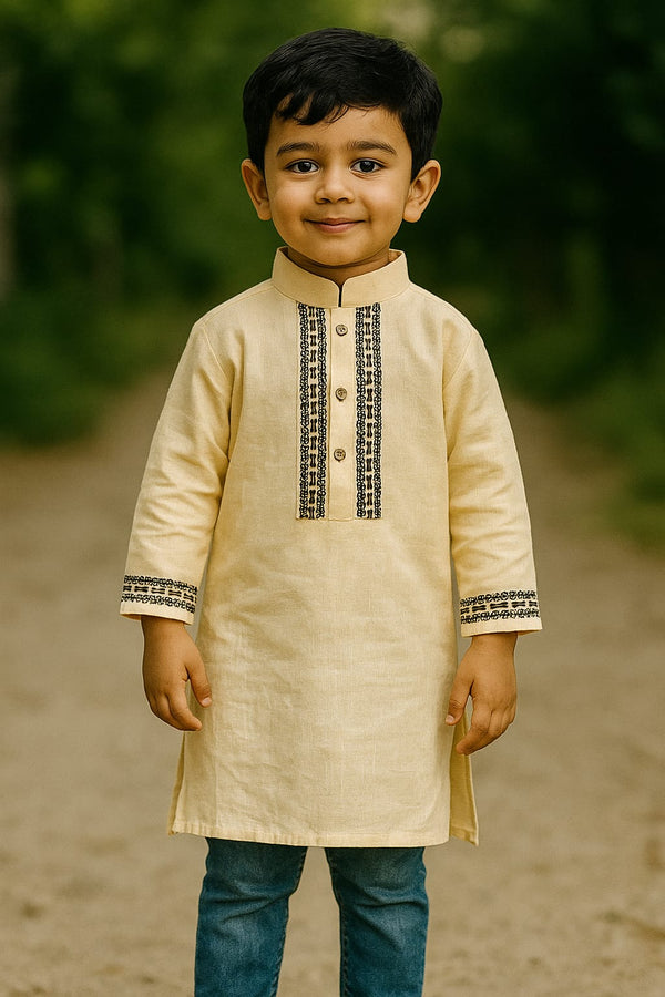 Pure Linen Block Print Yellow Kurta for Boys (2-7 Years) | Premium Kidswear
