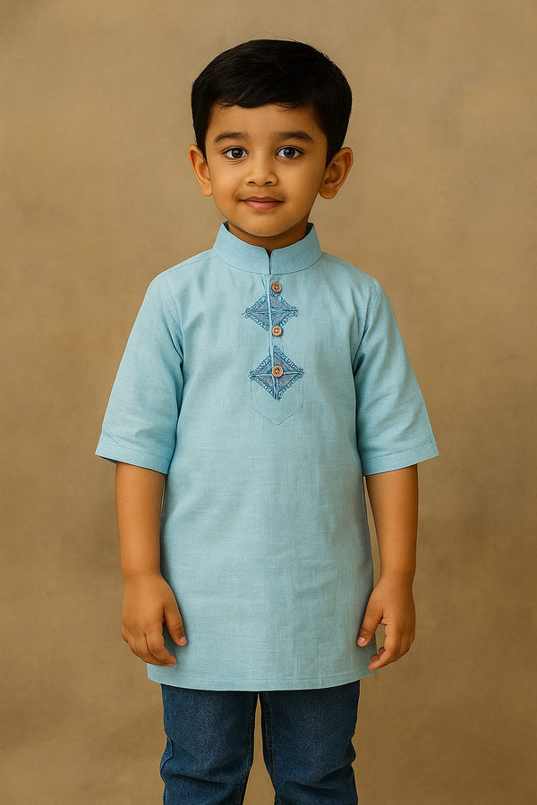 Pure Linen Block Print Blue Kurta for Boys (2-7 Years) | Premium Kidswear