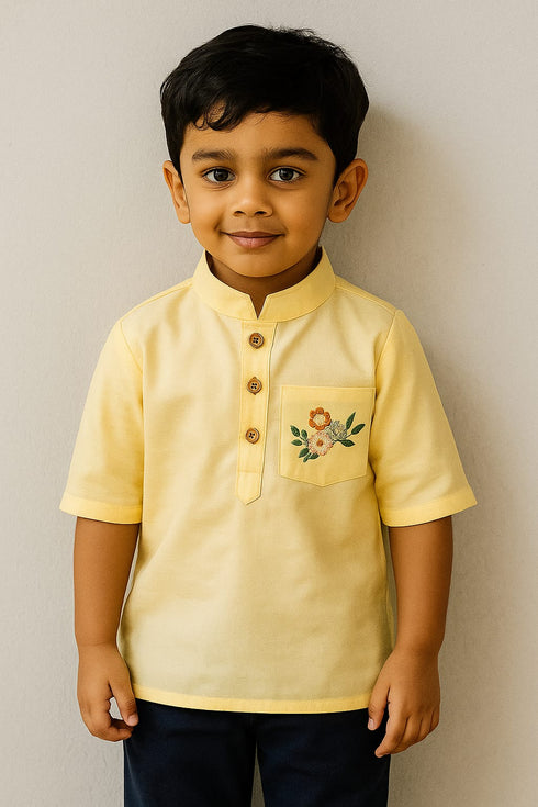 Handmade Kantha Embroidery Yellow Short Kurta for Boys (2-7 Years) | Premium Handloom Cotton