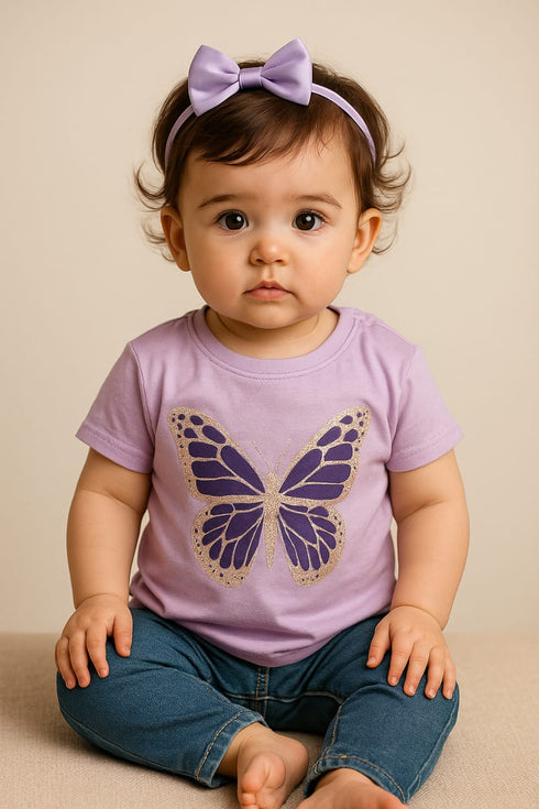 Butterfly Glitter Print Baby T-Shirt โ 100% Cotton Soft Tee for Baby Girls (6-24 Months)