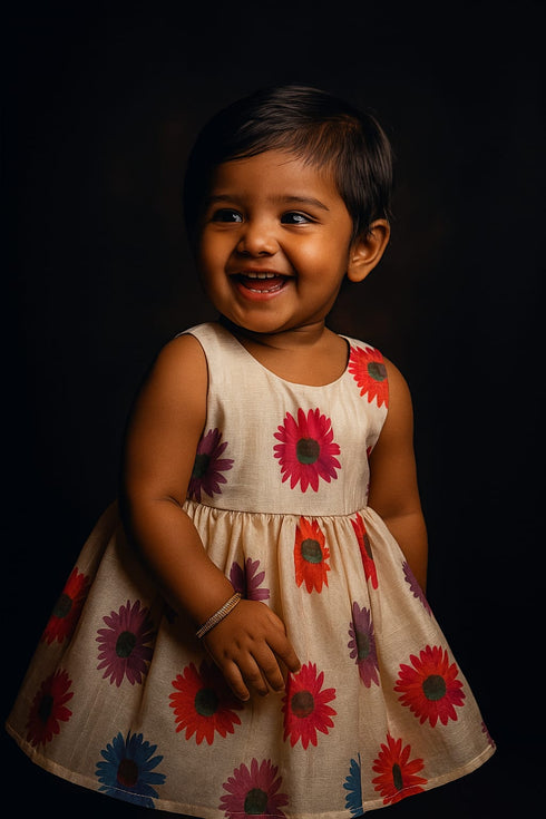 Girl wearing traditional Kerala set mundu cotton dress for Onam