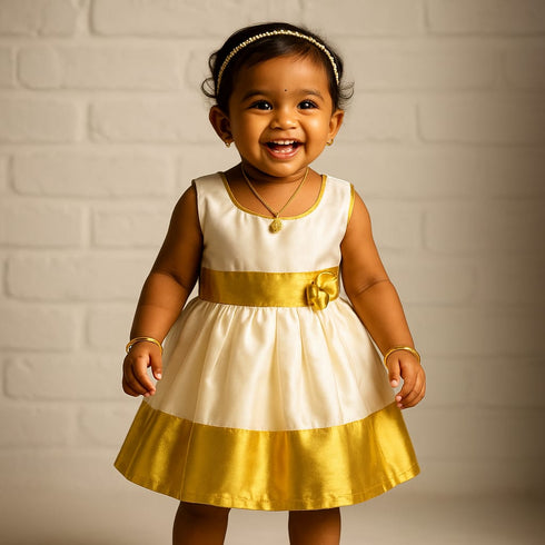 Girl wearing traditional Kerala set mundu cotton dress for Onam