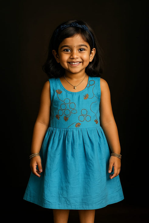 Girl wearing pure cotton Kantha embroidered frock – age 2 years