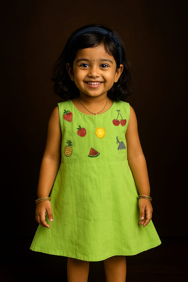 Ethnic handloom frock with Kantha stitch – breathable cotton dress for girls