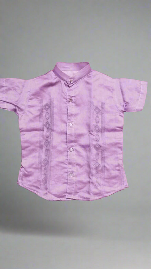 Boy wearing silk cotton kurta shirt with Kantha embroidery and white pant set (age 2, 4, 6 years)