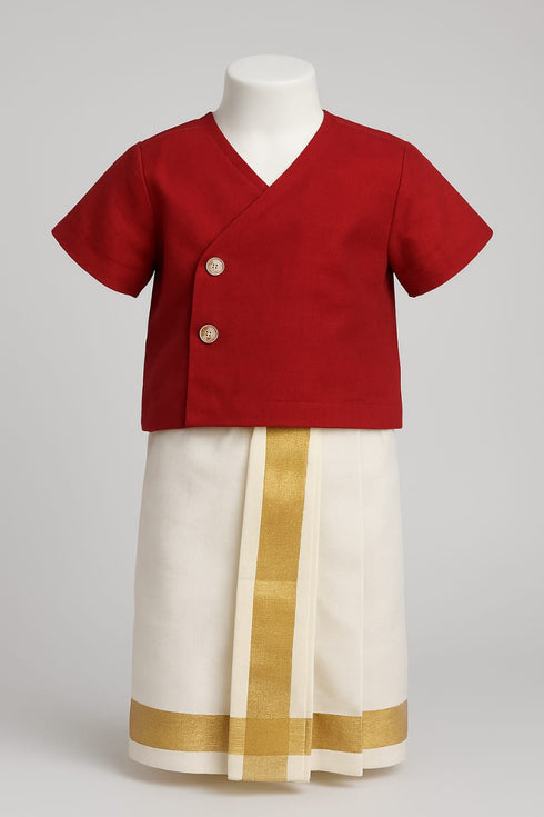 Traditional Baby Boy Dhoti Kurta Set – Red & White with Golden Border | Festive Outfit for Diwali & Special Occasions