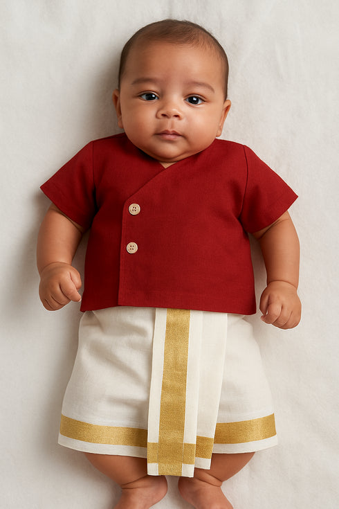 Traditional Baby Boy Dhoti Kurta Set – Red & White with Golden Border | Festive Outfit for Diwali & Special Occasions