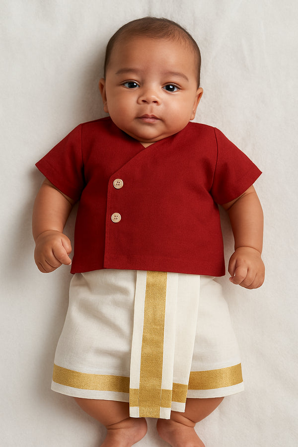 Traditional Baby Boy Dhoti Kurta Set – Red & White with Golden Border | Festive Outfit for Diwali & Special Occasions