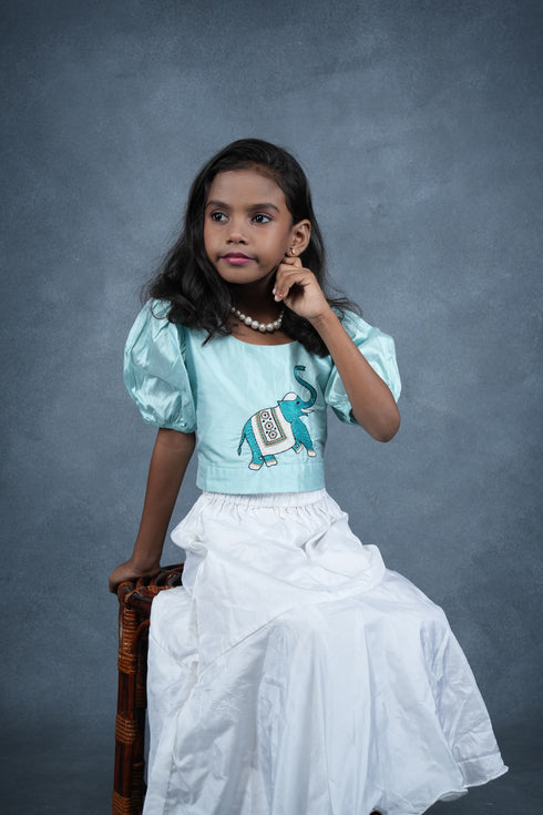 Girls Crop Top and Skirt Set Blue Chanderi Silk 