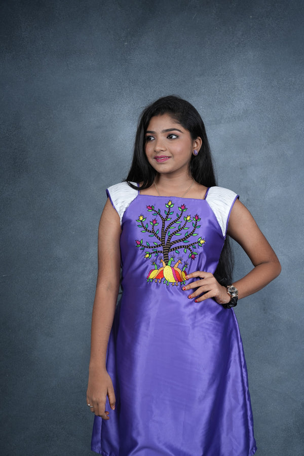 Girls Dress Purple Gond Peacock - Handcrafted Elegance