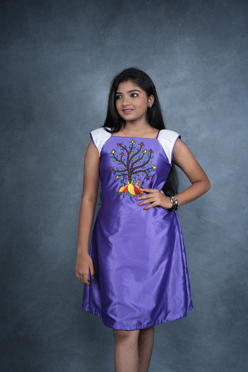 Girls Dress Purple Gond Peacock - Handcrafted Elegance