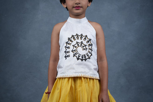 Girls Dress Tops and Skirt Set Chanderi Silk - Warli Print