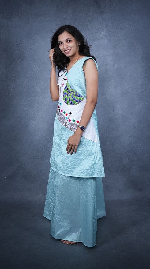 Girls Layered Dress Blue Chanderi Silk - Madhubani Peacock Embroidery