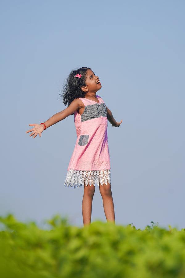 Girls Dress Pink 100% Linen Smocked