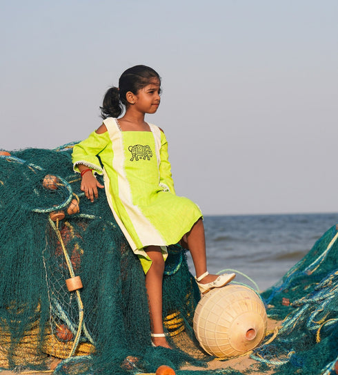 Green 100% Linen with Lace girls dress