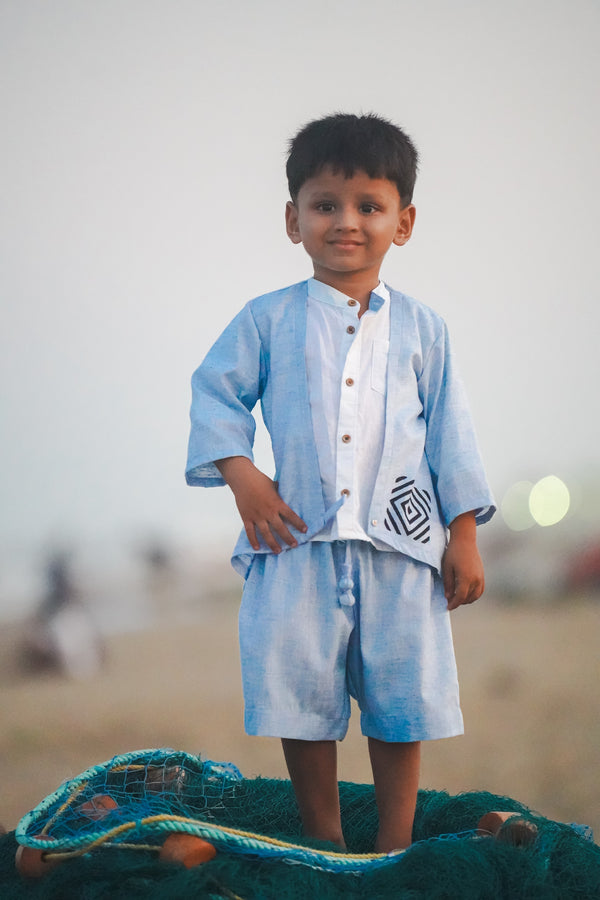 Boys Shirt and Shorts Set Blue Linen Blend