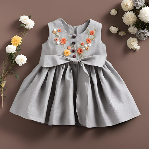 Grey Linen Frock for Kids (Ages 2 to 12 yrs)