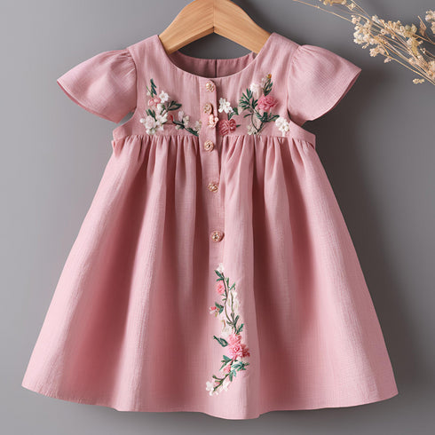 Pink Embroidery Linen Frock for Kids (Ages 1 to 8)