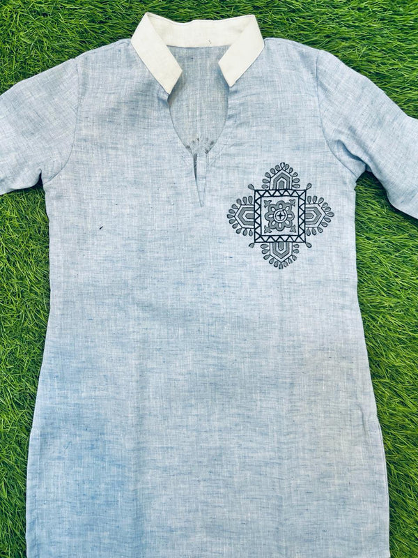 Linen Blend Boys Kurta Blue – Block Printed