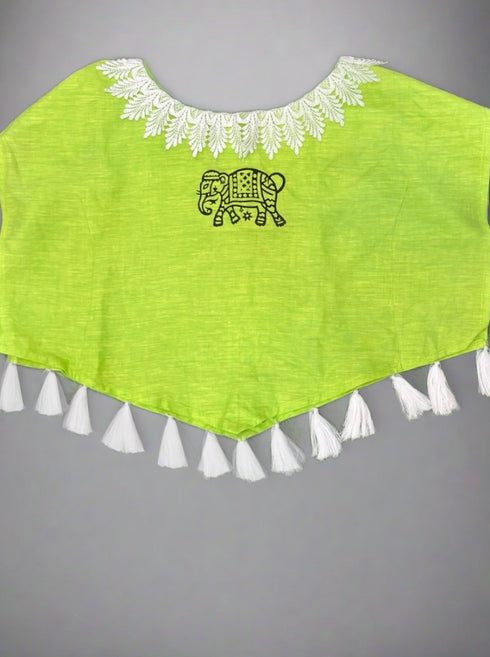 Kids Girls Tops 100% Linen with Lace and Tassels - Block Printed