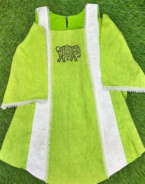 Dress Green 100% Linen with Lace girls dress